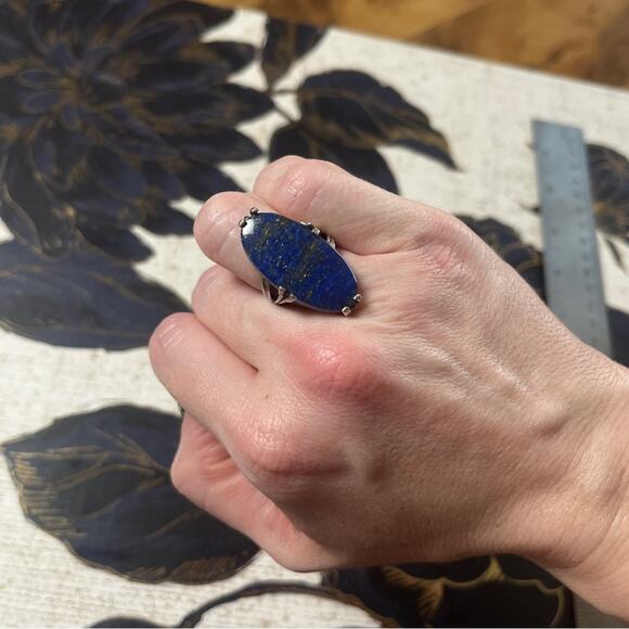 Vintage 925 Sterling Silver and Large Blue Lapis Lazuli Stone Silver Ring D2 - Picture 13 of 14
